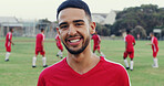 Happy, fitness and portrait of football player on field for game, workout or training with championship. Smile, man and athlete with confidence for soccer match, exercise or practice outdoor.