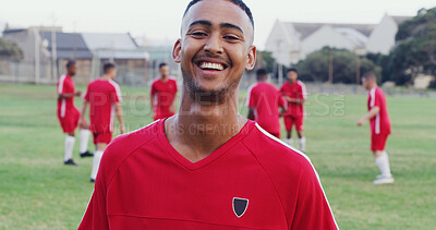 Buy stock photo Happy, fitness and portrait of soccer player on field for game, workout or training with championship. Smile, man and athlete with confidence for football match, exercise or practice outdoor.