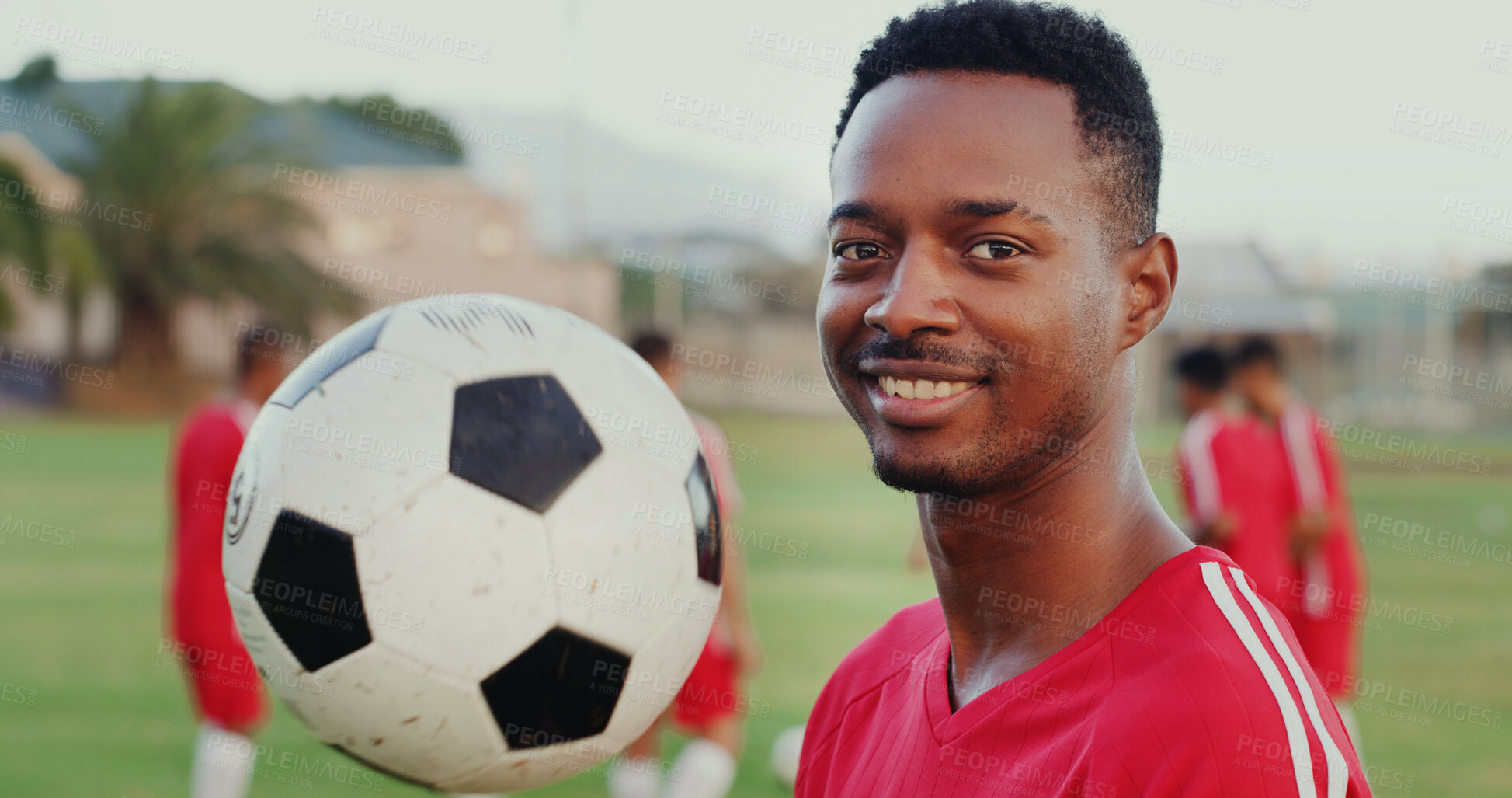 Buy stock photo Portrait, soccer and happy man with ball at pitch for sports, match training or team competition. Smile, football player and person with equipment outdoor, professional athlete or practice at game
