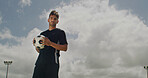 Portrait, soccer and man with ball outdoor for sports, match training or determination for competition. Serious, football player and person with equipment, confident athlete and fitness with space