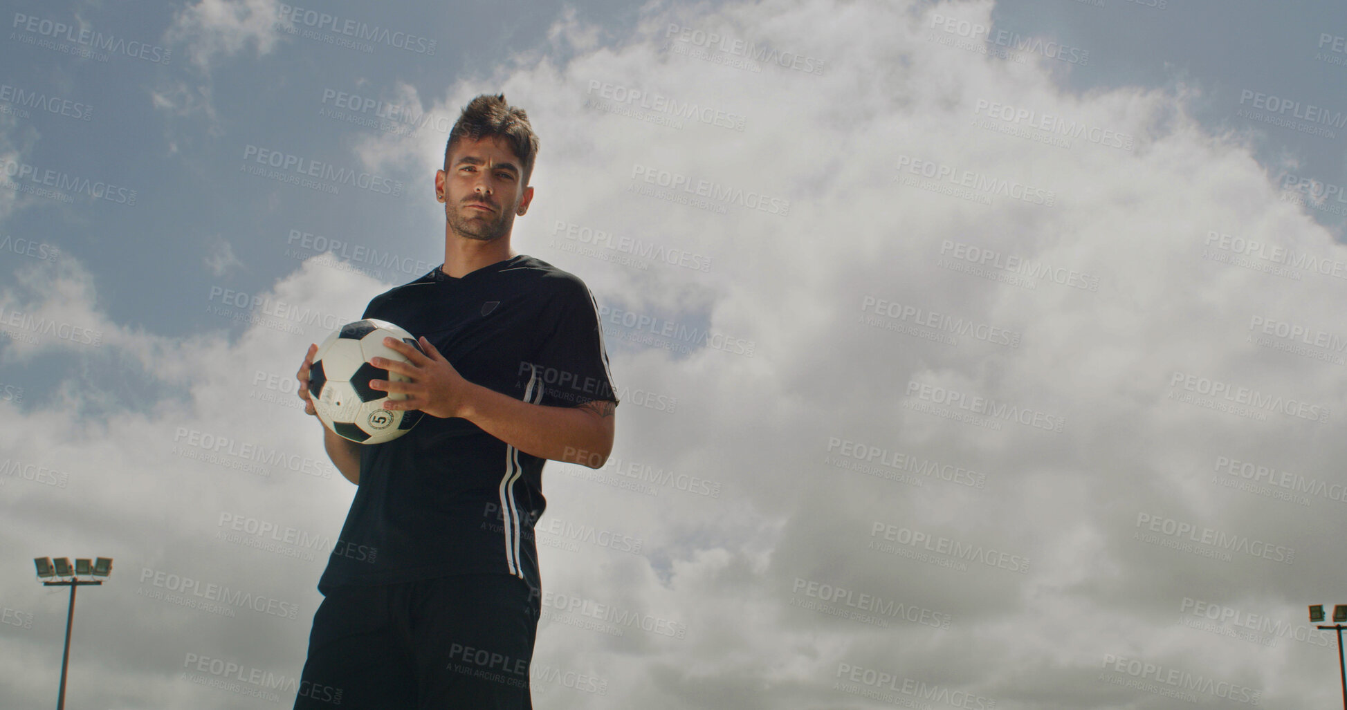 Buy stock photo Portrait, soccer and man with ball outdoor for sports, match training or determination for competition. Serious, football player and person with equipment, confident athlete and fitness with space