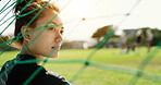 Soccer, woman and thinking on field with training, game plan and athlete contemplating for practice. Net, female person and football player outdoor with vision, fitness and idea for sports tactics.