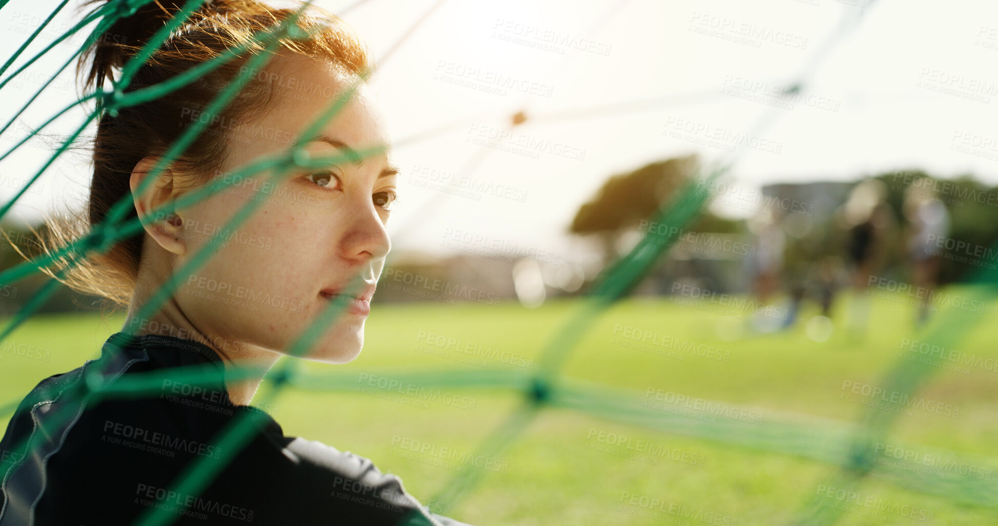 Buy stock photo Soccer, woman and thinking on field with training, game plan and goalkeeper contemplating for practice. Net, female person and football player outdoor with vision, fitness or idea for sports tactics.
