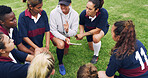 Tablet, coaching and sports with women on rugby field for teamwork, game plan and discussion together. Strategy, defense formation and training tips with people in stadium for mentor and fitness