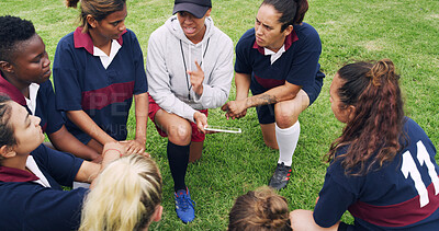 Buy stock photo Tablet, coaching and sports with women on rugby field for teamwork, game plan and discussion together. Strategy, defense formation and training tips with people in stadium for mentor and fitness