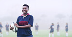 Rugby, smile and portrait of woman on field for training, game challenge and sports tournament. Fitness, match practice and competition with person in stadium for championship, ball and athlete