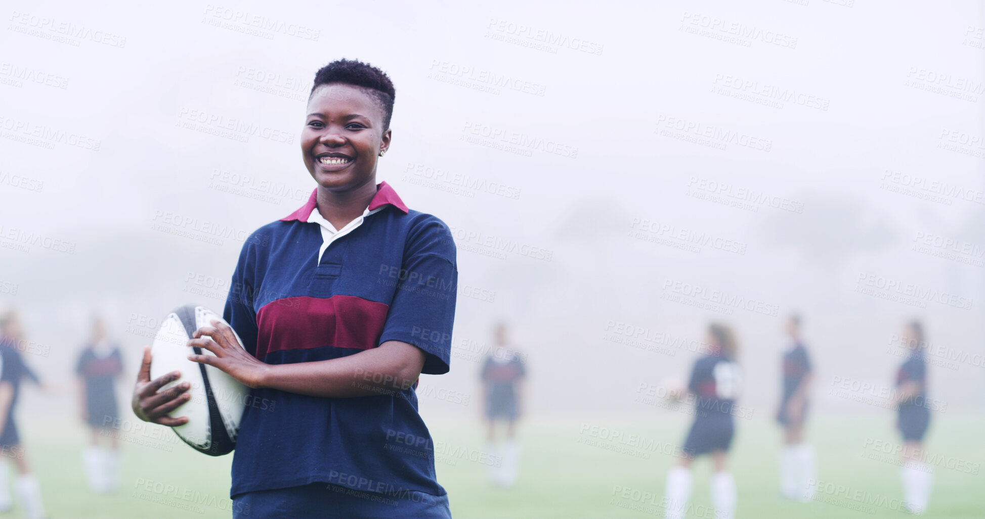 Buy stock photo Rugby, smile and portrait of woman on field for training, game challenge and sports tournament. Fitness, match practice and competition with person in stadium for championship, ball and athlete
