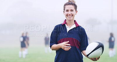 Buy stock photo Rugby, sports and portrait of woman on field for training, game challenge and tournament. Fitness, match practice and competition with female person in stadium for championship, ball and athlete