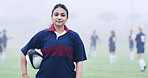 Rugby, ball and portrait of woman on field for training, game challenge and sports tournament. Fitness, match practice and competition with person in stadium for championship, smile and athlete