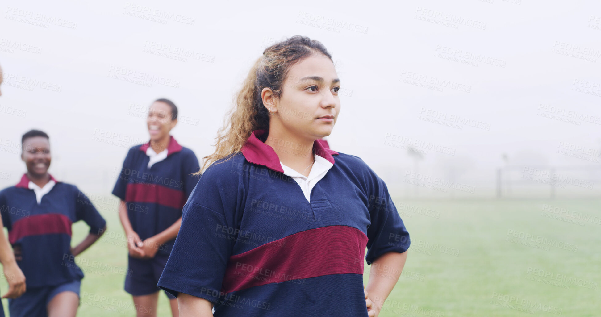 Buy stock photo Rugby, thinking and team with woman on field for training, game challenge and sports tournament. Fitness, match practice and competition with person in stadium for championship, idea and athlete