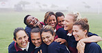 Teamwork, laugh and rugby with women on field for support, community and premiership league. Fitness, athlete and funny joke with group of people in club for tournament games, sports and training