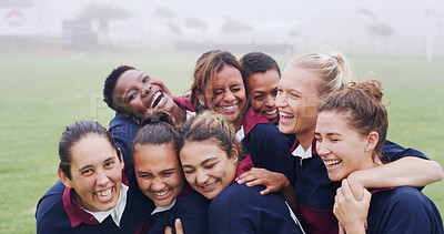 Buy stock photo Teamwork, laugh and rugby with women on field for support, community and premiership league. Fitness, athlete and funny joke with group of people in club for tournament games, sports and training
