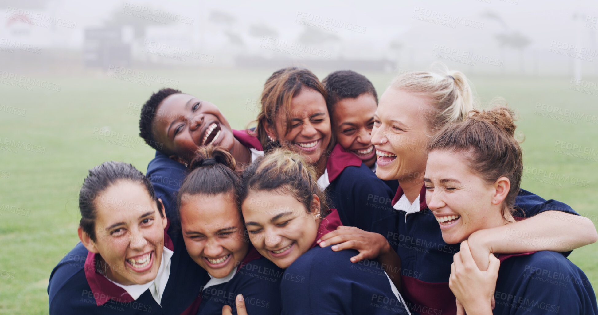 Buy stock photo Teamwork, laugh and rugby with women on field for support, community and premiership league. Fitness, athlete and funny joke with group of people in club for tournament games, sports and training