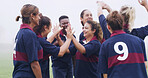 Teamwork, high five and rugby with women on field for support, community and premiership league. Fitness, athlete and success with group of people in club for tournament winner, sports and training