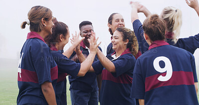 Buy stock photo Teamwork, high five and rugby with women on field for support, community and premiership league. Fitness, athlete and success with group of people in club for tournament winner, sports and training