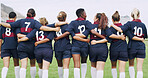 Sports, back and rugby with women on field for support, community and premiership league. Fitness, athlete and huddle with group of people in club for tournament games, teamwork and training