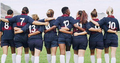 Buy stock photo Sports, back and rugby with women on field for support, community and premiership league. Fitness, athlete and huddle with group of people in club for tournament games, teamwork and training