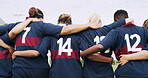 Teamwork, back and rugby with women on field for support, community and premiership league. Fitness, athlete and huddle with group of people in club for tournament games, sports and training