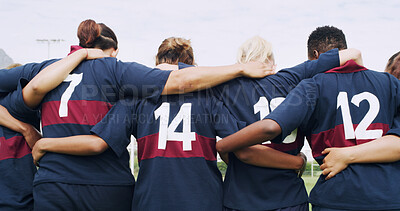 Buy stock photo Teamwork, back and rugby with women on field for support, community and premiership league. Fitness, athlete and huddle with group of people in club for tournament games, sports and training