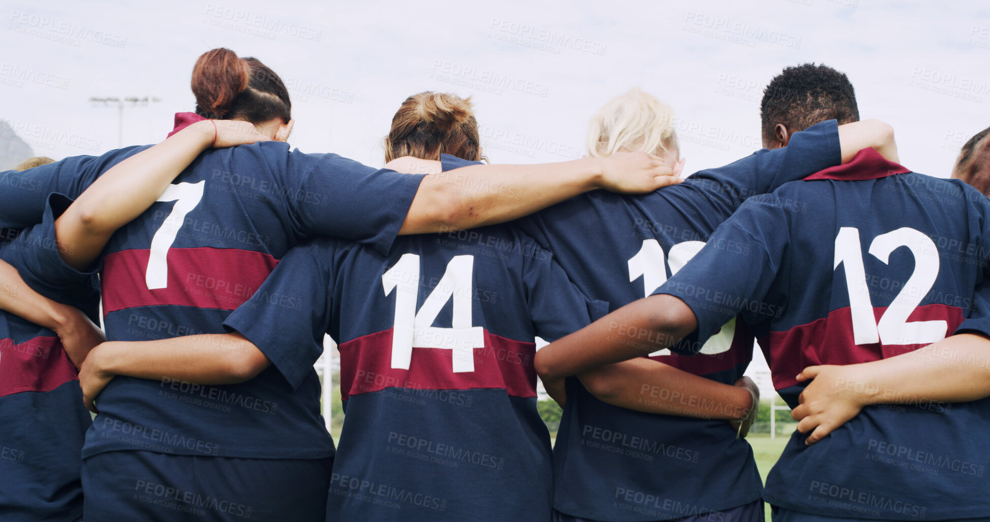 Buy stock photo Teamwork, back and rugby with women on field for support, community and premiership league. Fitness, athlete and huddle with group of people in club for tournament games, sports and training