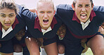 Scrum, screaming and rugby with women on field for support, huddle and premiership league. Fitness, athlete and power with group of people in club for tournament games, sports and team training