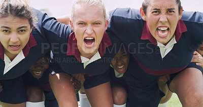 Buy stock photo Scrum, screaming and rugby with women on field for support, huddle and premiership league. Fitness, athlete and power with group of people in club for tournament games, sports and team training