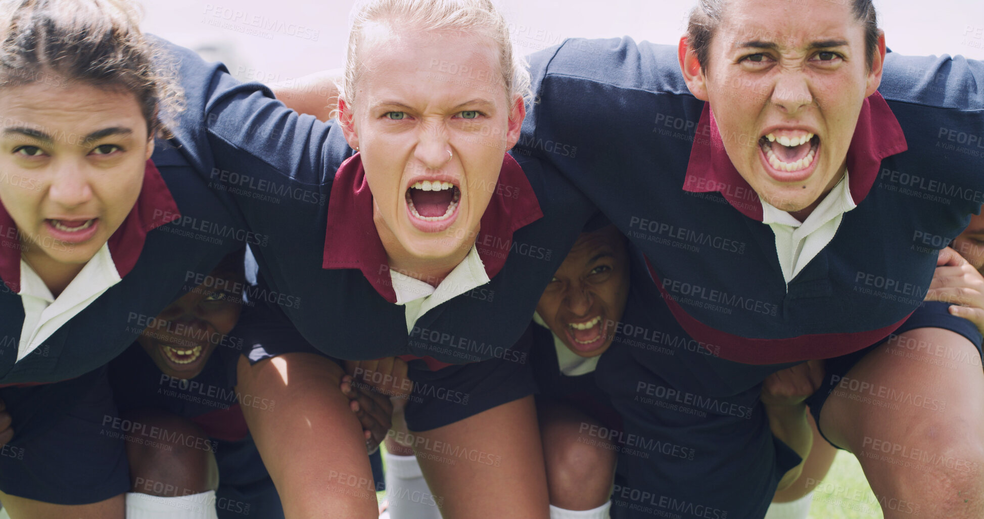 Buy stock photo Scrum, screaming and rugby with women on field for support, huddle and premiership league. Fitness, athlete and power with group of people in club for tournament games, sports and team training