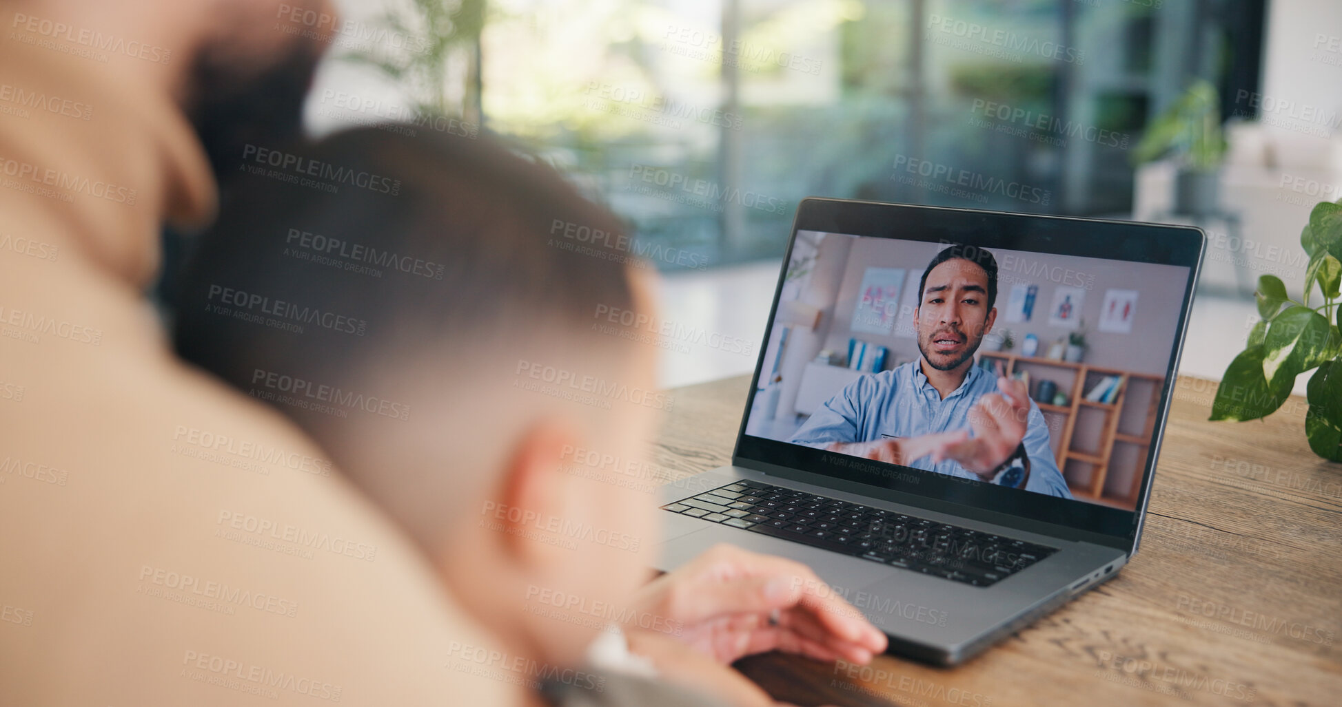 Buy stock photo Telehealth, laptop screen and advice for family in house, dad or sick child on healthcare video call. People, home and talking with pediatrician, virtual consultation and medical diagnosis for kid