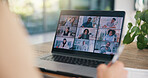 Laptop, hands or business people on screen in virtual meeting for discussion or online briefing in home. Remote work, video call or person in webinar for teamwork, talking and speaking of project