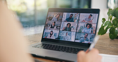 Buy stock photo Laptop, hands or business people on screen in virtual meeting for discussion or online briefing in home. Remote work, video call or person in webinar for teamwork, talking and speaking of project