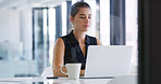 Laptop, reading and woman at work for project, insurance review and underwriting with risk assessment. Office, computer and person with email for policy quote, premium benefits or coverage proposal