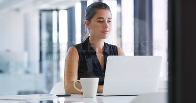Buy stock photo Laptop, reading and woman at work for project, insurance review and underwriting with risk assessment. Office, computer and person with email for policy quote, premium benefits or coverage proposal