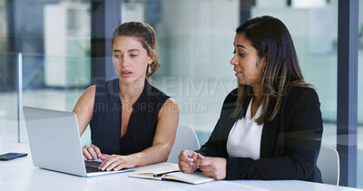 Buy stock photo Laptop, notebook and business women in office with discussion for finance report in collaboration. Computer, conversation and female financial advisors with notes on research for investment revenue.