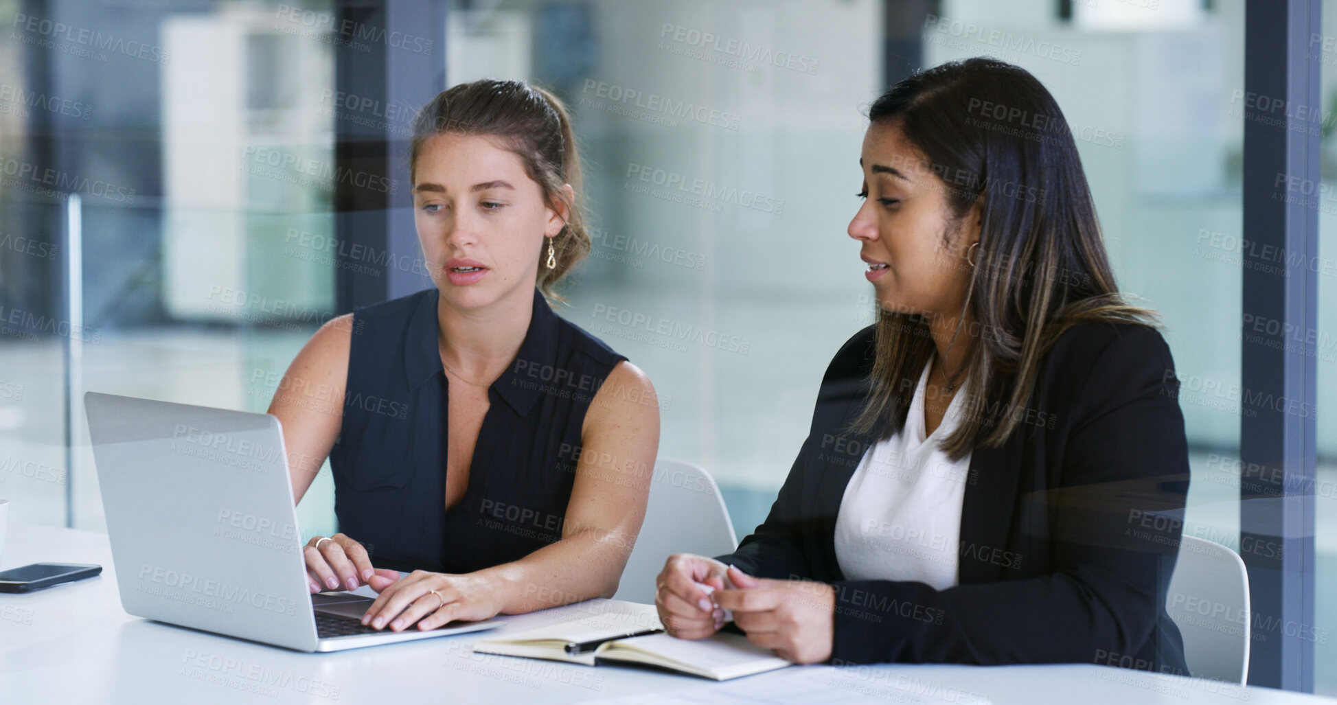 Buy stock photo Laptop, notebook and business women in office with discussion for finance report in collaboration. Computer, conversation and female financial advisors with notes on research for investment revenue.
