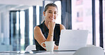 Business, portrait or woman in office with laptop, career growth or positive attitude in property management. Happy,  coffee or realtor with tech, about us or confidence in real estate investment.