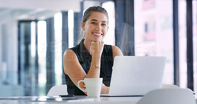 Buy stock photo Business, portrait or woman in office with laptop, career growth or positive attitude in property management. Happy,  coffee or realtor with tech, about us or confidence in real estate investment.