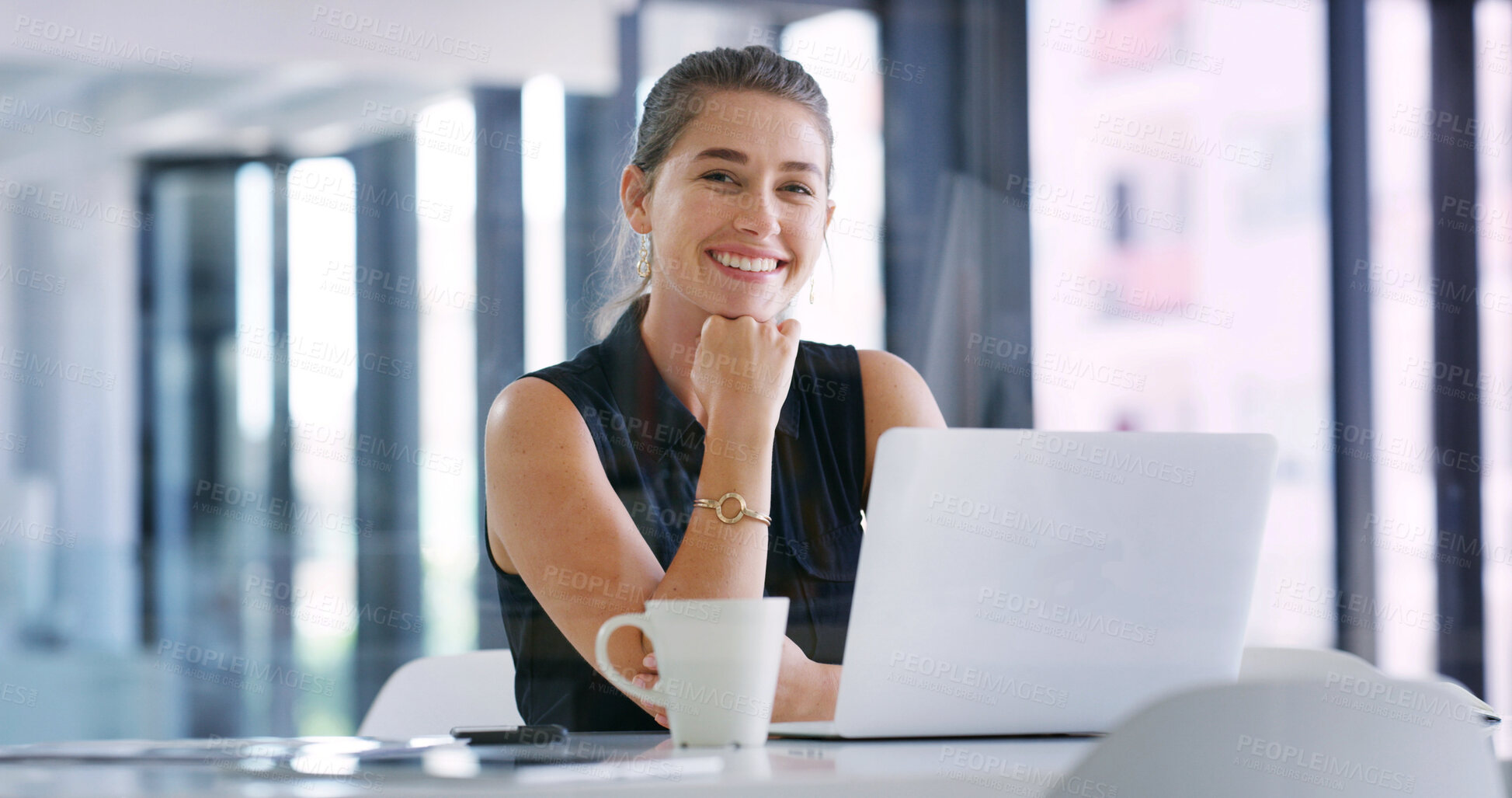 Buy stock photo Business, portrait or woman in office with laptop, career growth or positive attitude in property management. Happy,  coffee or realtor with tech, about us or confidence in real estate investment.