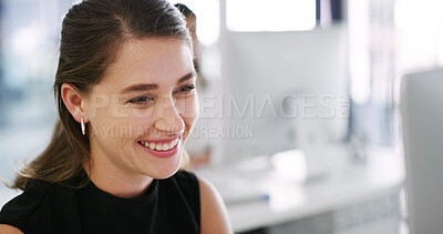 Buy stock photo Business, woman or happy on computer in office for trending blog post, award shortlist or feedback. Coworking, copywriter and smile with PC for feature article, media recognition and positive reviews