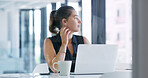 Planning, coffee and businesswoman with laptop in office with ideas for creative project. Cappuccino, computer and female magazine editor with thinking for article with publishing in workplace.