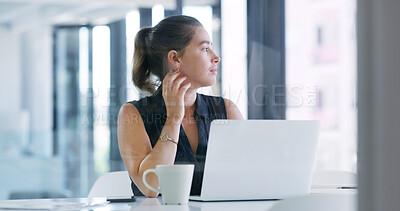 Buy stock photo Planning, coffee and businesswoman with laptop in office with ideas for creative project. Cappuccino, computer and female magazine editor with thinking for article with publishing in workplace.