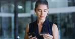 Business, phone and woman with credit card in office for fintech, digital banking and online shopping. Mobile, debit or person with workplace expenses for financial transaction, investment or payment