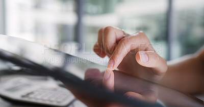 Buy stock photo Hands, tablet and person in office for accounting, business expenses and calculation for taxes. Tech, accountant and woman in company for investment audit, budget report or financial bookkeeping