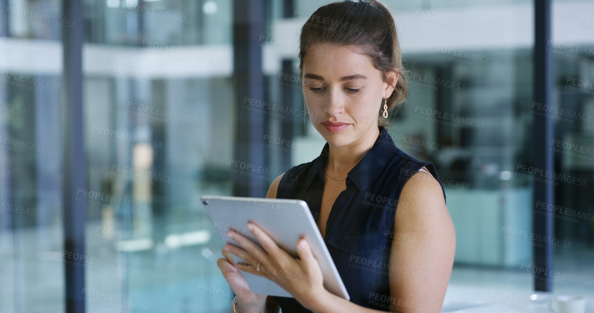 Buy stock photo Tablet, reading and woman at work for project, insurance review and underwriting with risk assessment. Office, tech and person with email for policy quote, premium benefits or coverage proposal