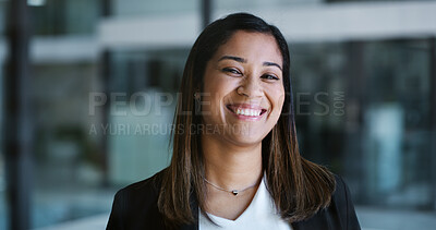 Buy stock photo Business, happy or woman in agency with portrait, about us or positive attitude in property management. Smile, space or realtor with optimism, career growth or confidence in real estate investment.