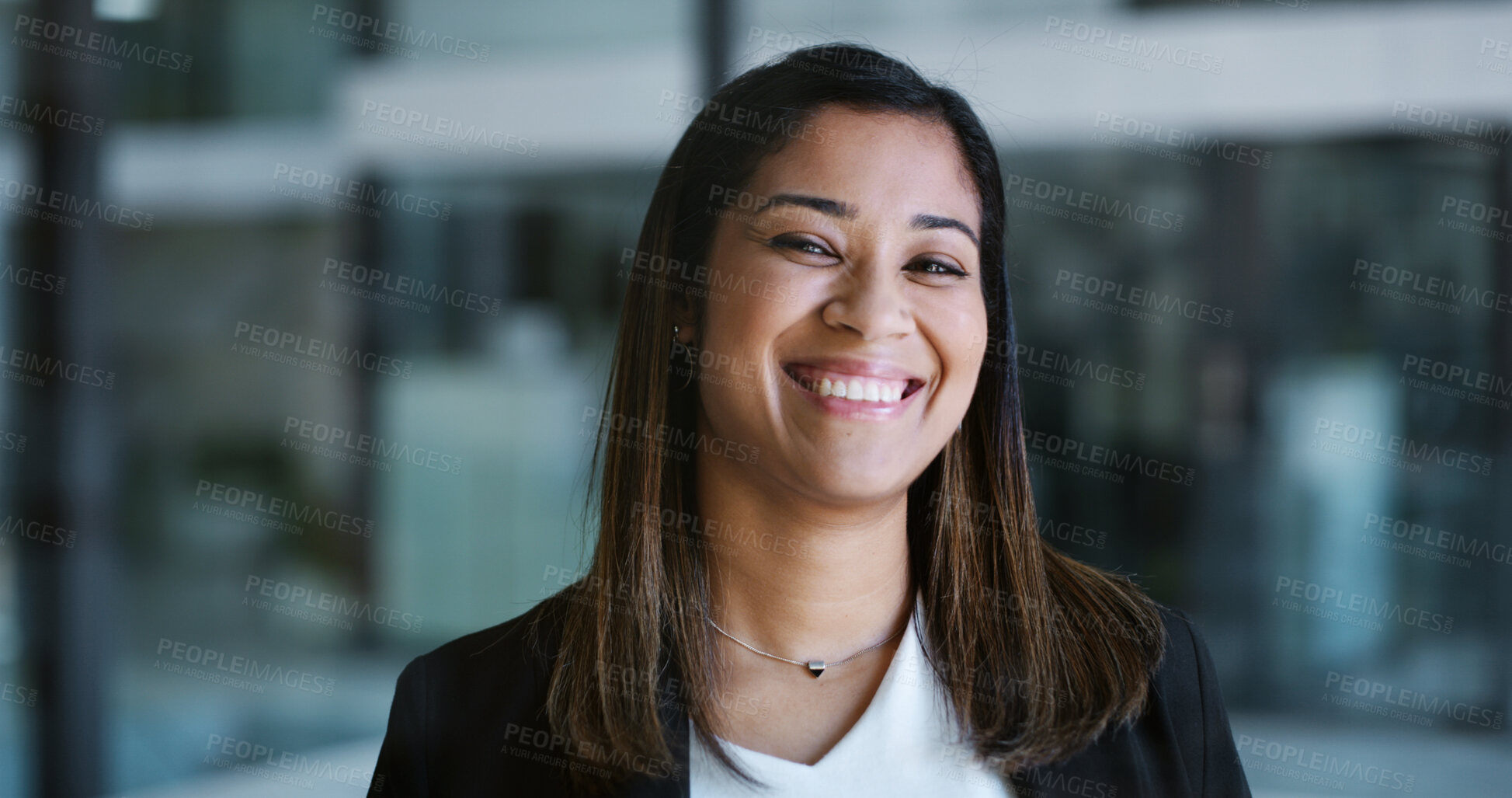 Buy stock photo Business, happy or woman in agency with portrait, about us or positive attitude in property management. Smile, space or realtor with optimism, career growth or confidence in real estate investment.