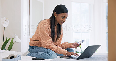 Buy stock photo Ticket, laptop and woman in bedroom at house with confirmation on departure for holiday planning. Computer, travel pass and female person on bed for boarding checkin online for vacation in home.