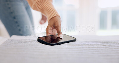 Buy stock photo Hand, phone and woman in bedroom of home for alert, app notification or communication. Answer, pick up and space with mobile on bed in apartment for connection, social media or website browsing