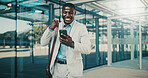 Reading, lawyer or black man with phone in city, case tribunal schedule or calendar update for trial. Urban, digital affidavit or legal consultant with tech for hearing admin, smile or evidence email