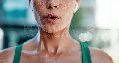 Buy stock photo Tired, woman and breathing outdoor for fitness, exercise and exhausted from cardio training. Bokeh, fatigue and person exhale in city with burnout, overworked and recovery from endurance challenge