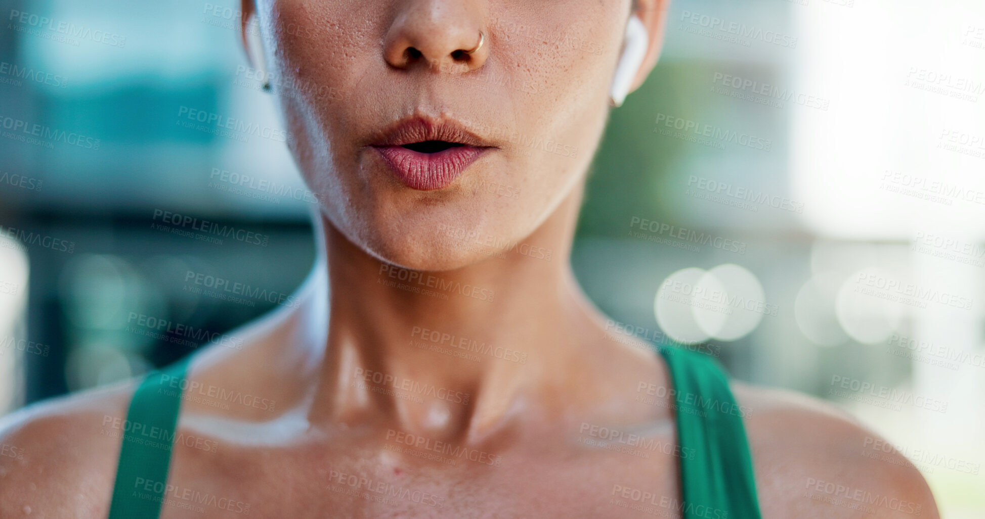 Buy stock photo Tired, woman and breathing outdoor for fitness, exercise and exhausted from cardio training. Bokeh, fatigue and person exhale in city with burnout, overworked and recovery from endurance challenge